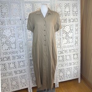 Vtg Deadstock 100% Silk Tan Button Up Dress Sz Large Retro Minimalist Luxury